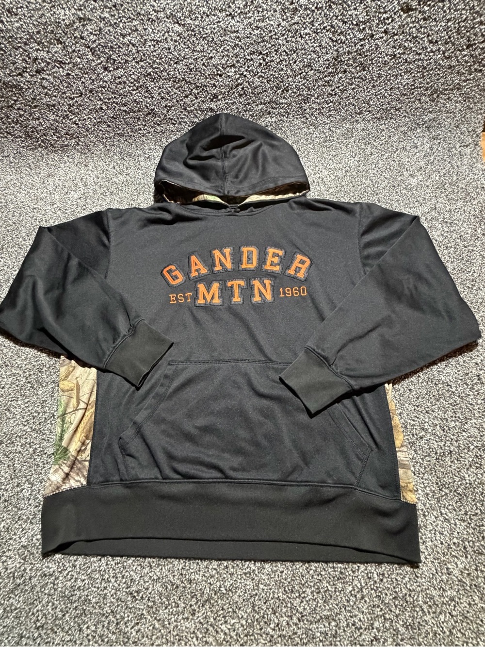 Gander Mountain Black Hoodie with Orange Logo and Camo Panels